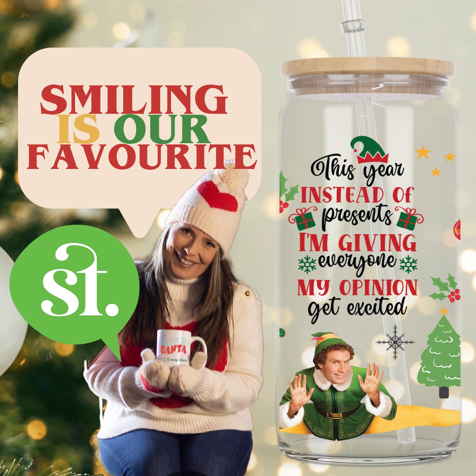 Elf Opinions glass tumbler with bamboo lid