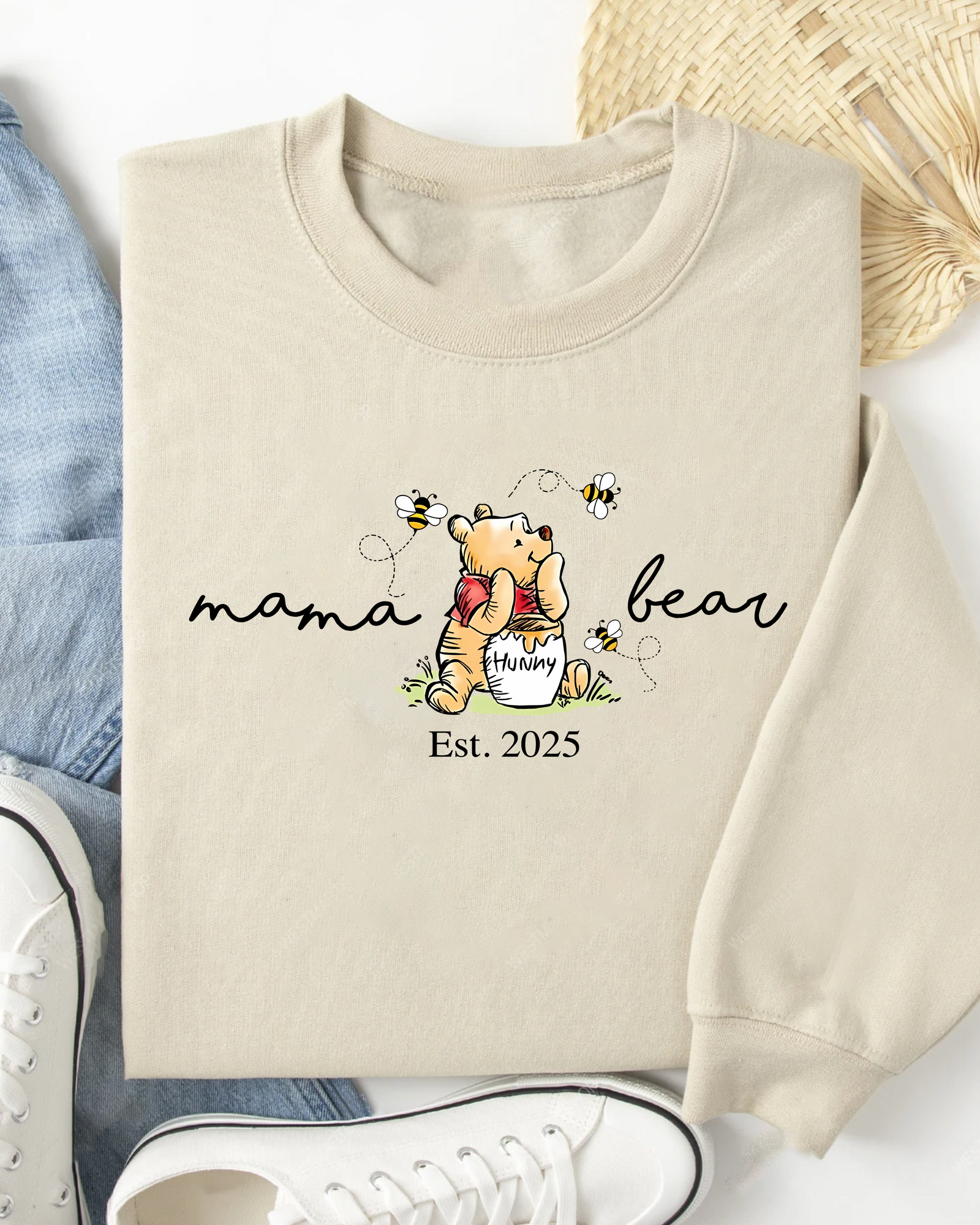 Mama Bear Winnie the Pooh Crew Neck Sweater - with Kids’ Names & Winnie the Pooh & Bees Design