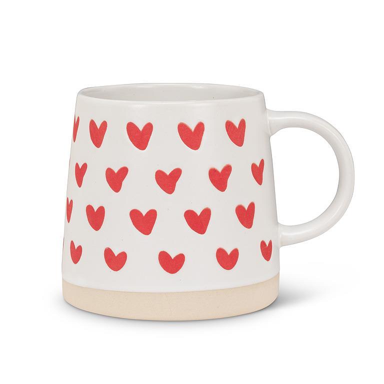 Wide base ivory stoneware mug with red hearts