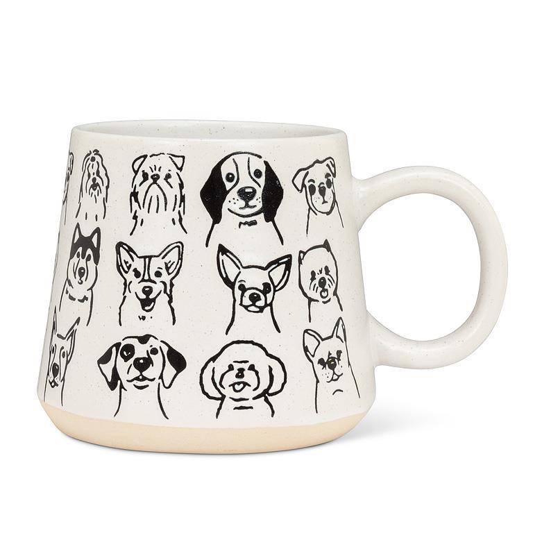 Oversized ivory stoneware mug with black dog face drawings