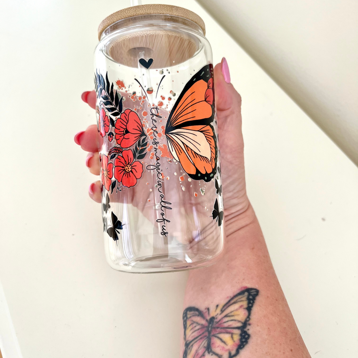 There is magic in all of us [Monarch Butterfly Glass Tumbler with Bamboo Lid]