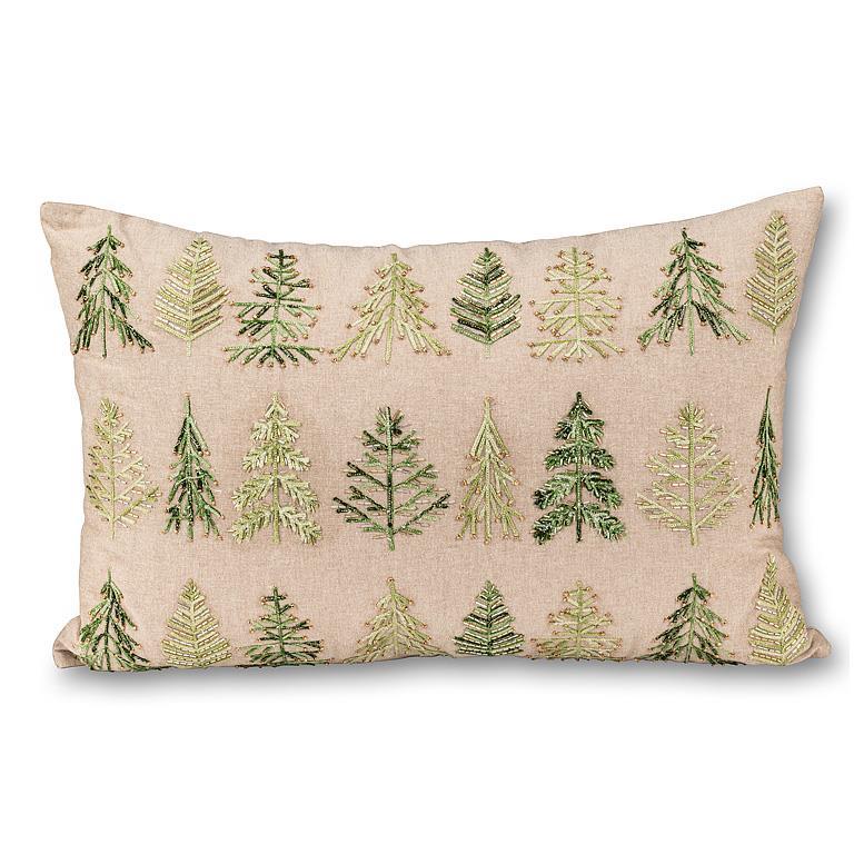 Rectangular natural pillow with embroidered and beaded green evergreen trees