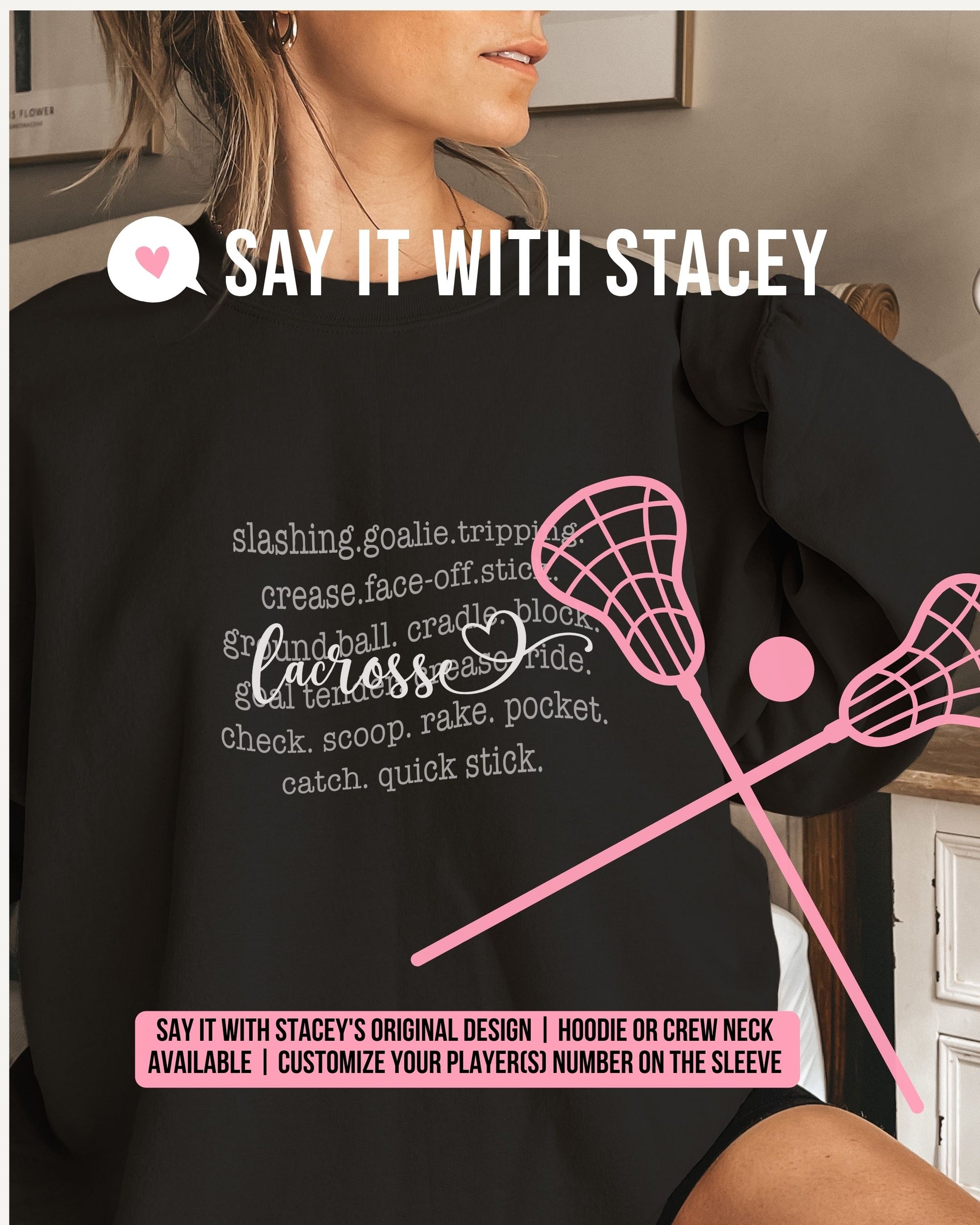 Lacrosse Crewneck Sweater or Hoodie Black - Unisex Fit but true to size