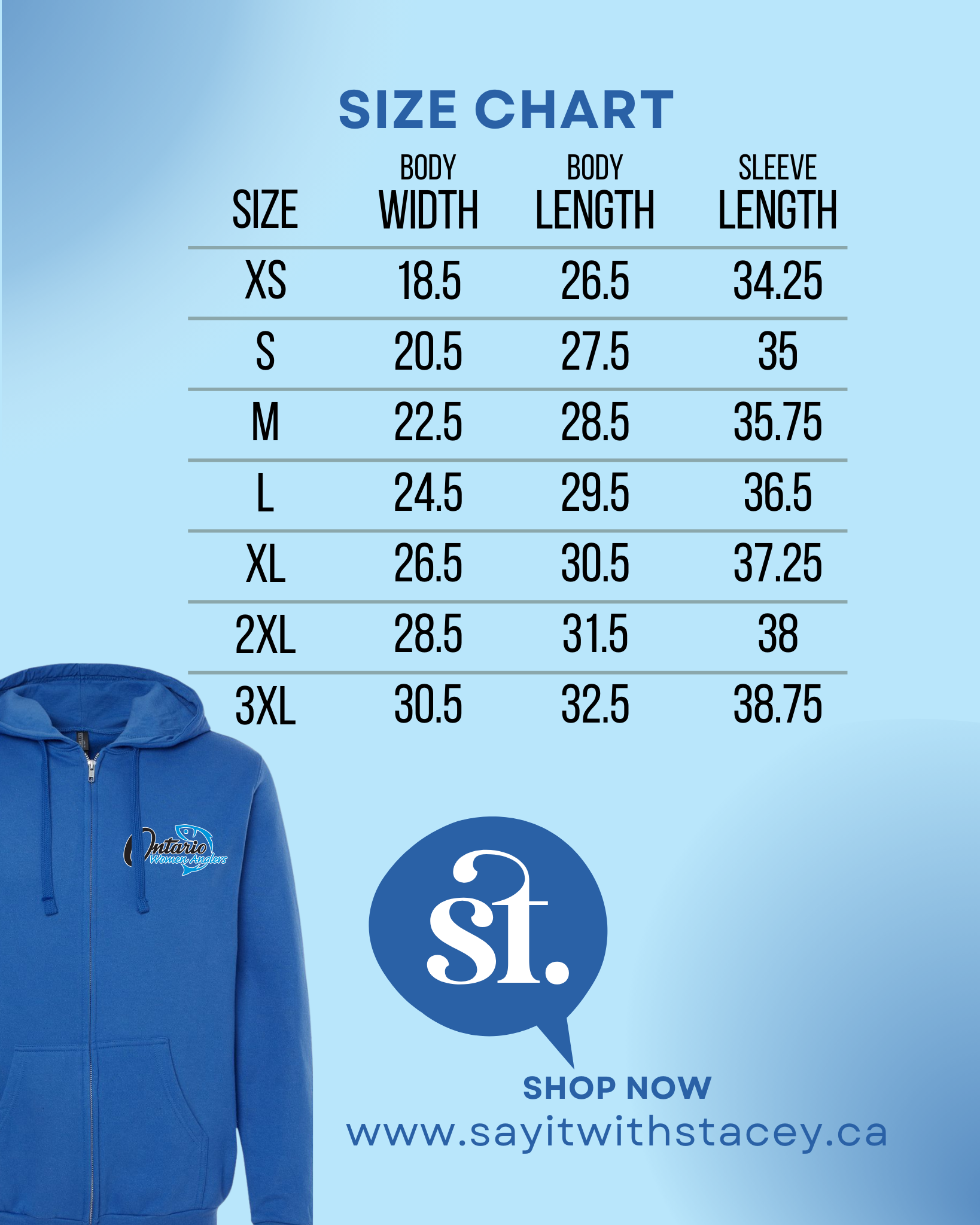 Say it with Stacey Hoodie Size Chart 