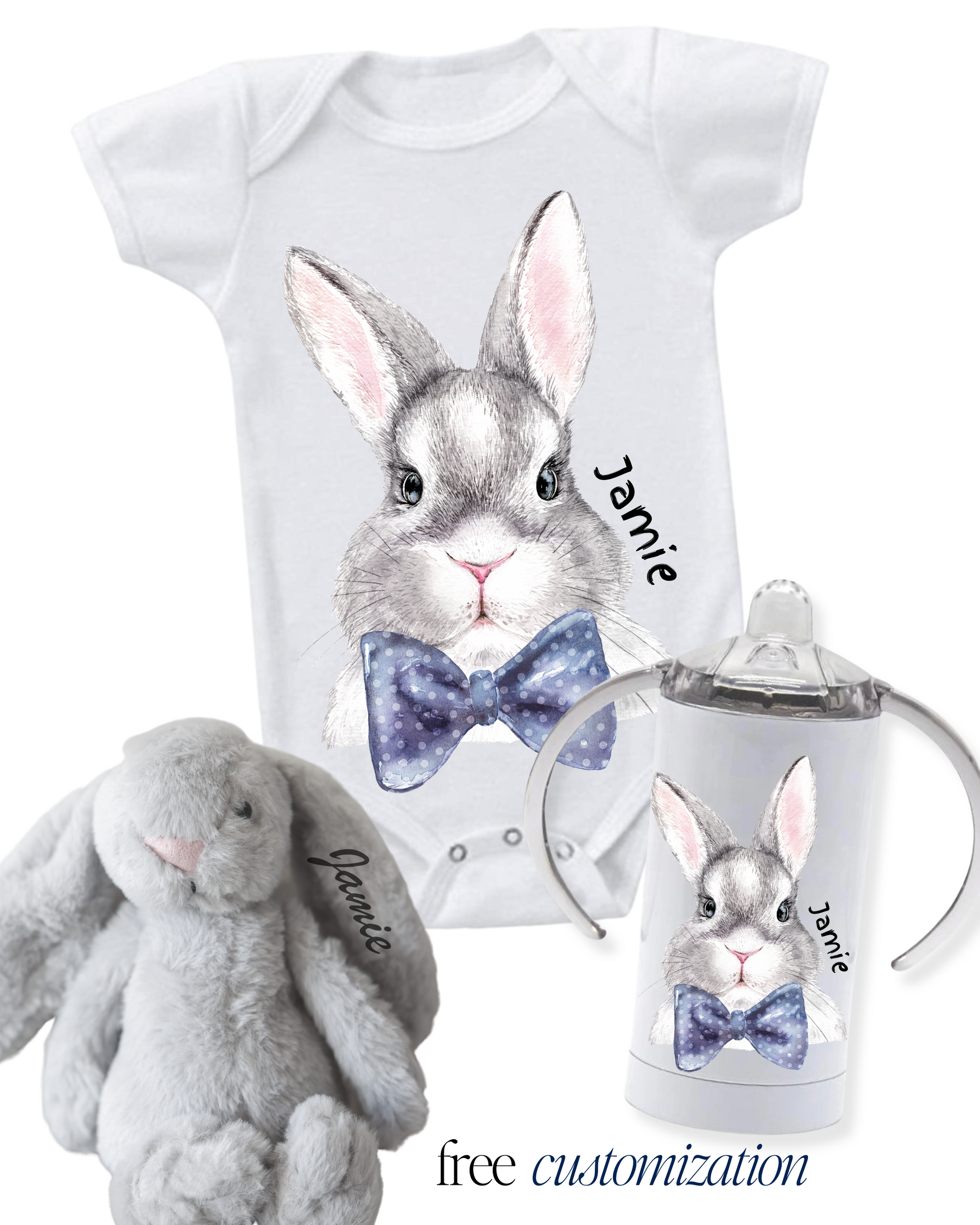 Bunny Onesie Bundle — includes Matching Sipyp Cup and Plush Jelly Cat Rabbit