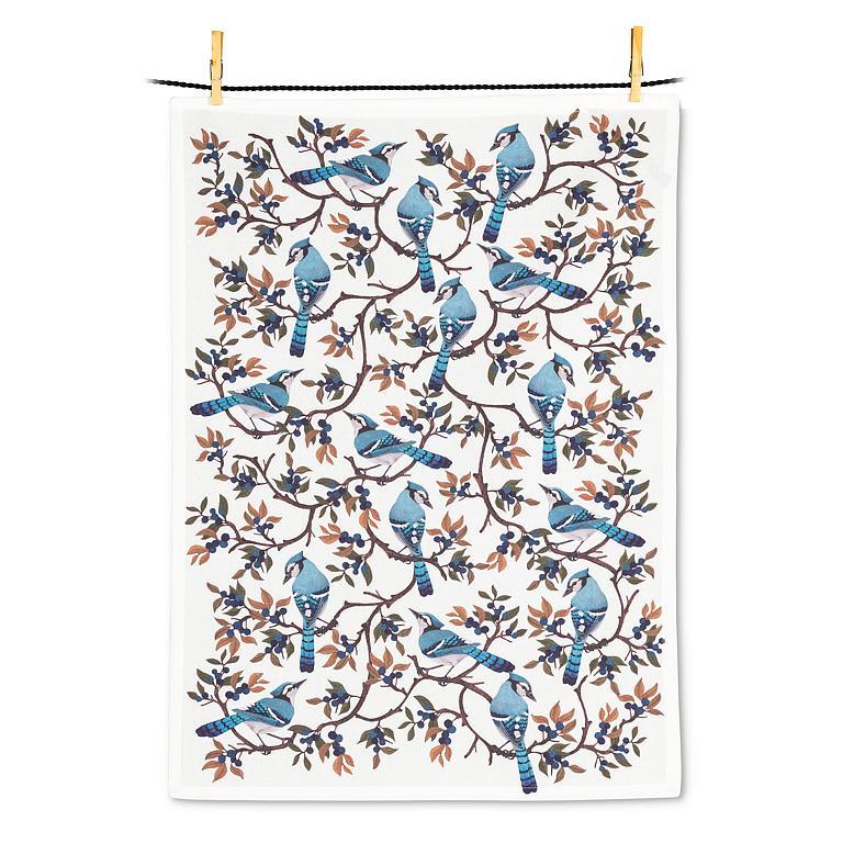 White cotton kitchen towel with blue jays and berries