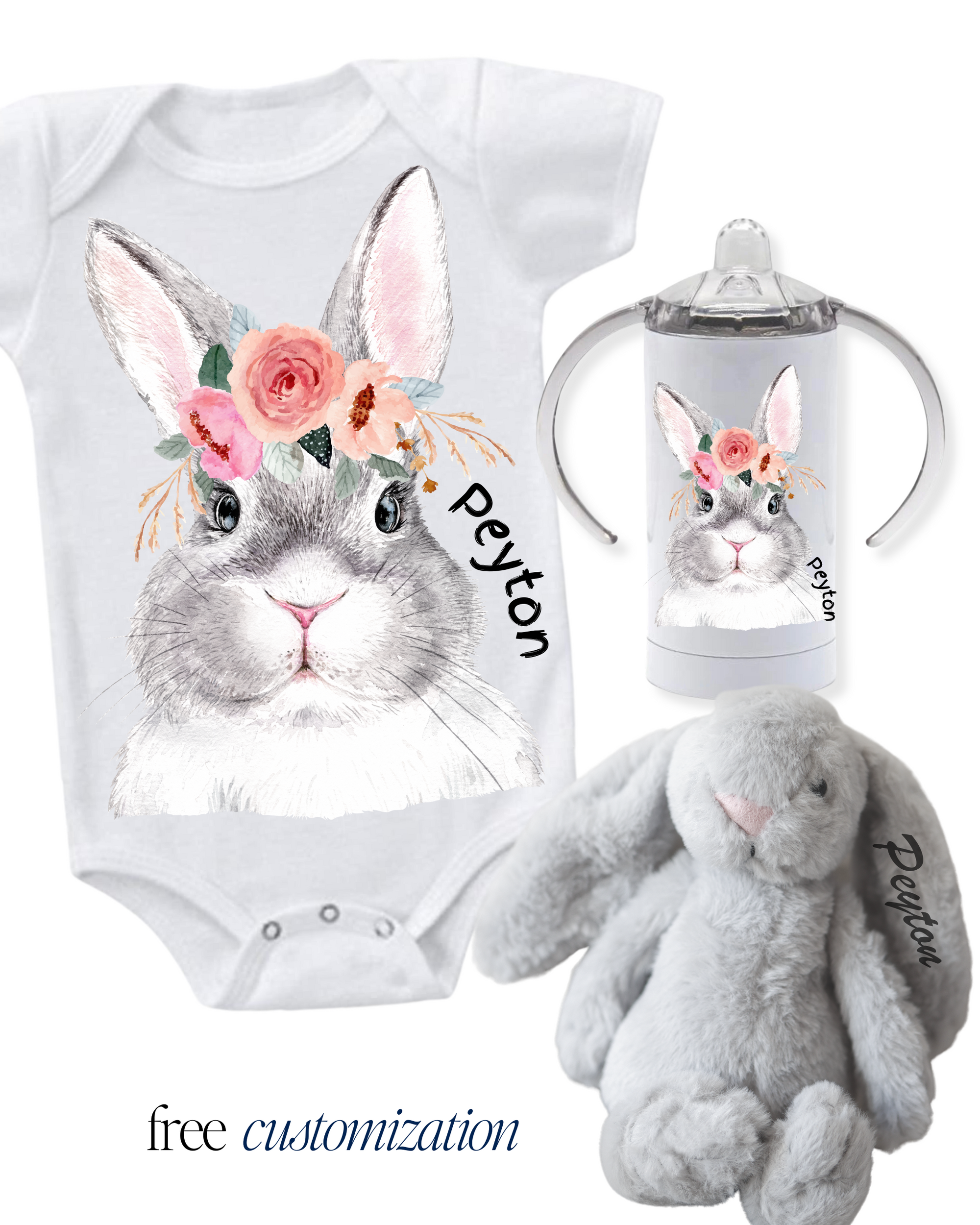 Baby Bundle Onesie, Matching Sippy Cup and Jelly Cat Bunny
