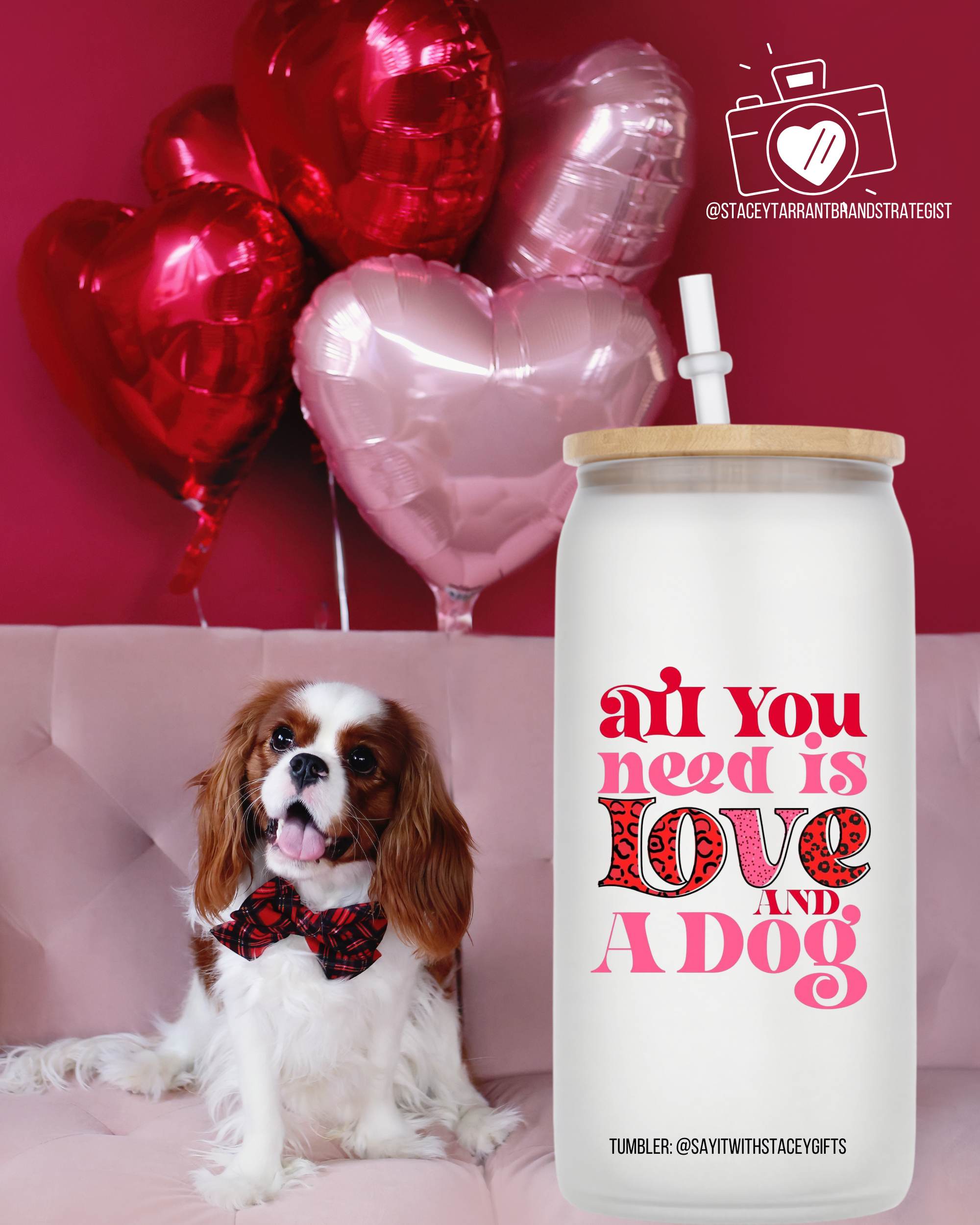 10oz Frosted Glass Tumbler with Bamboo Lid and Straw - All you Need is Love and a Dog