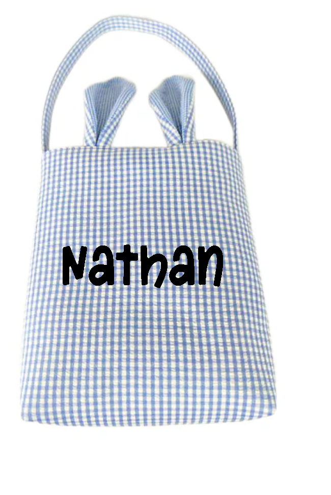 Personalized Easter Bunny Tote Bag – Blue Gingham or Pink Stripes