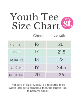 Say it with Stacey Youth Tee Size Chart