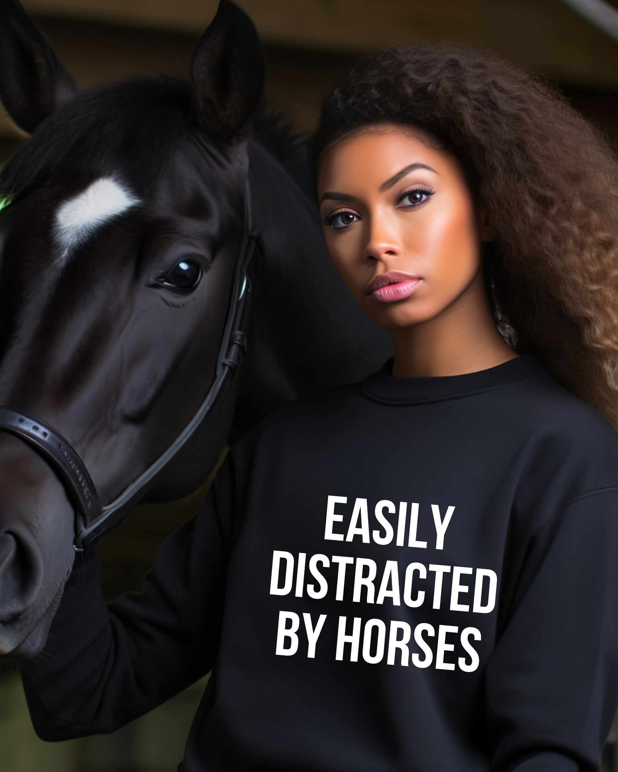 Easily Distracted by Horses Black Crewneck Sweater