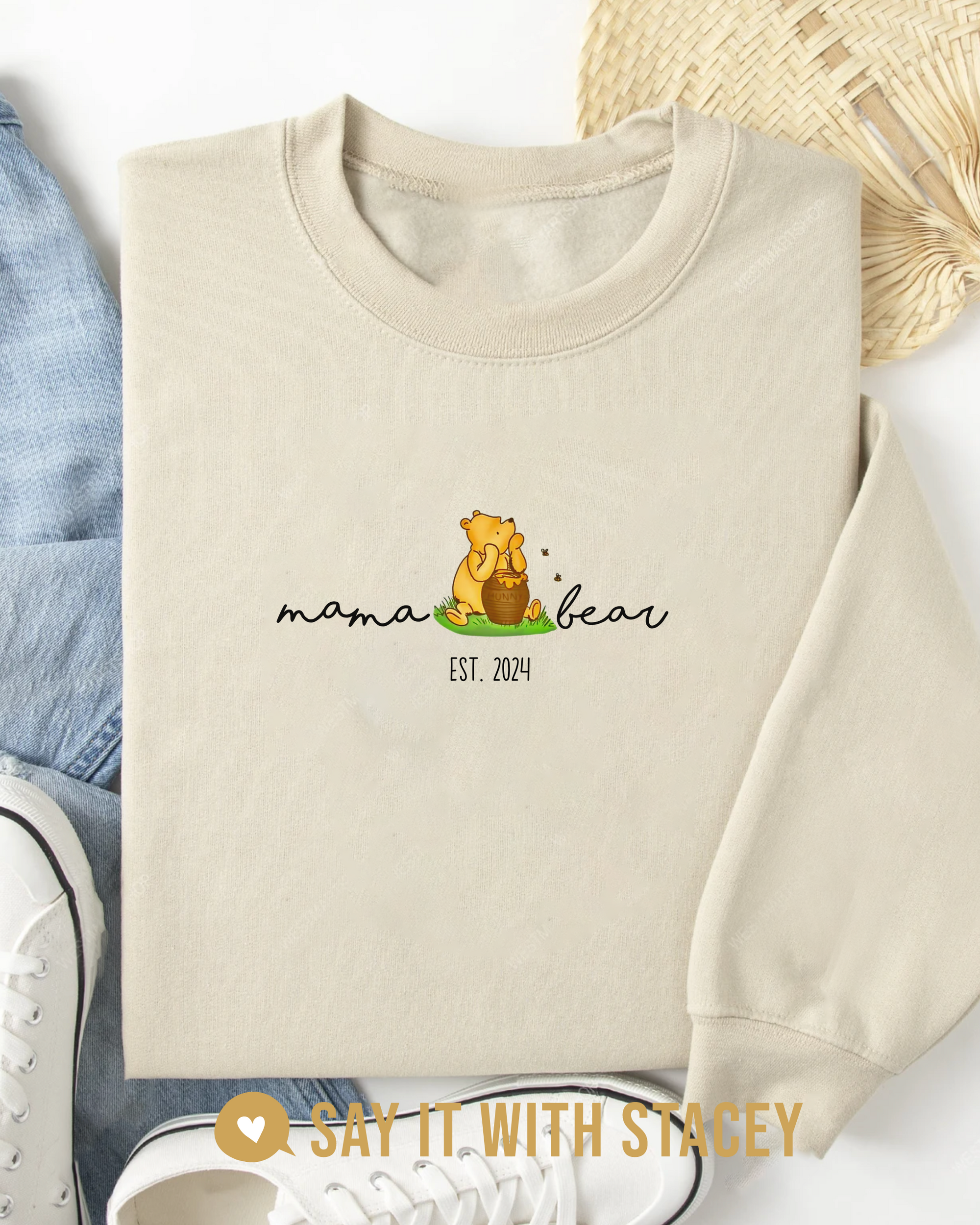 Mama Bear Winnie the Pooh Crew Neck Sweater - Option to Customize Sleeve