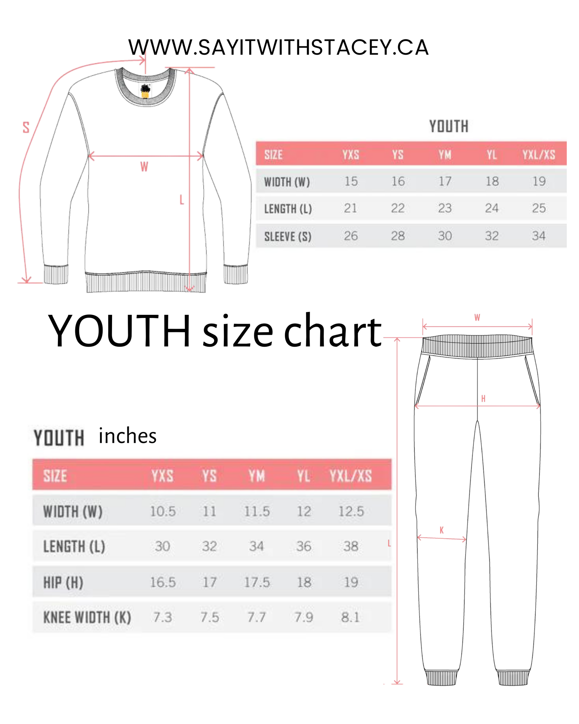 Say it with Stacey Youth Size chart 