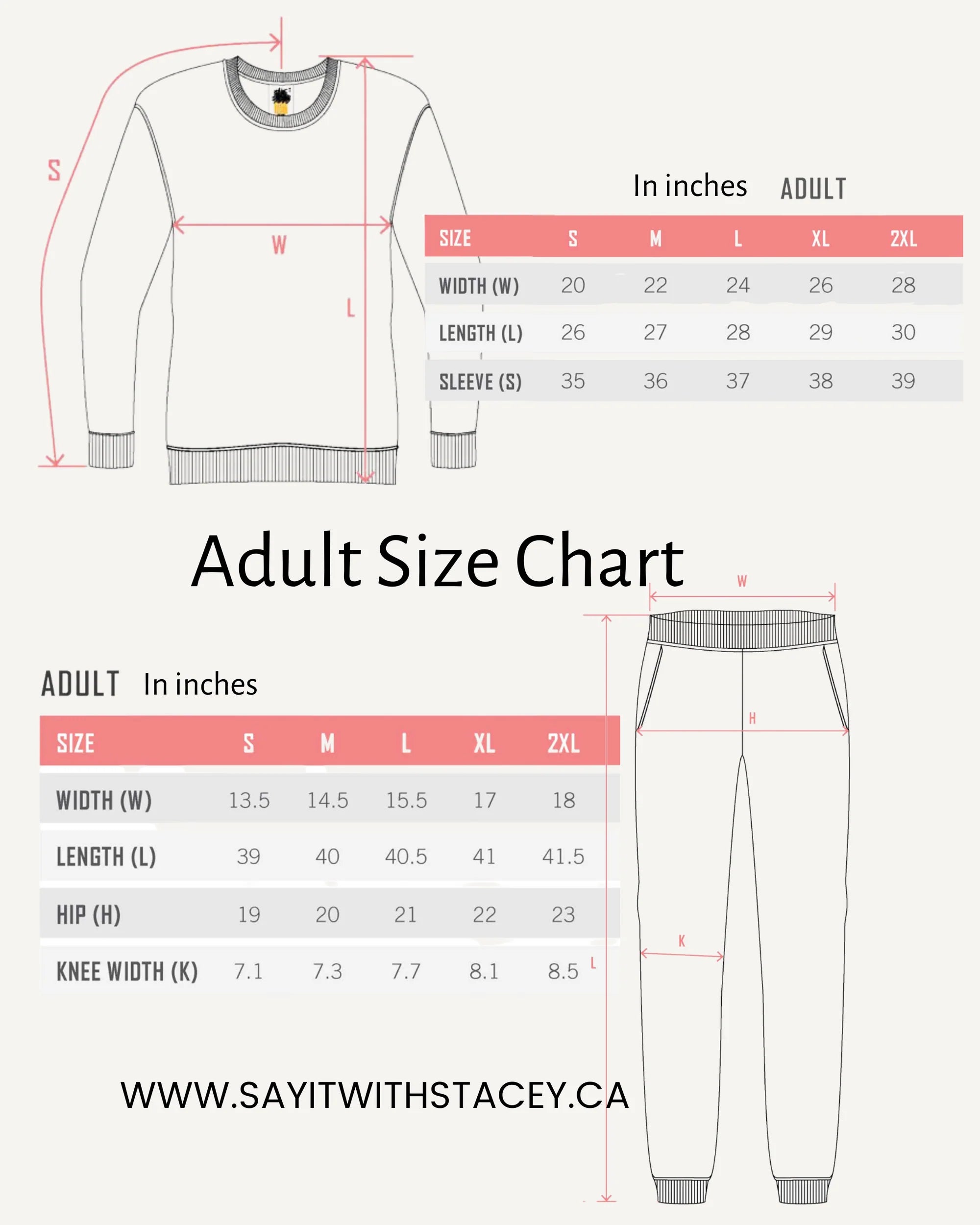 Say it with Stacey size chart 