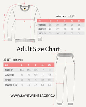 Say it with Stacey size chart 