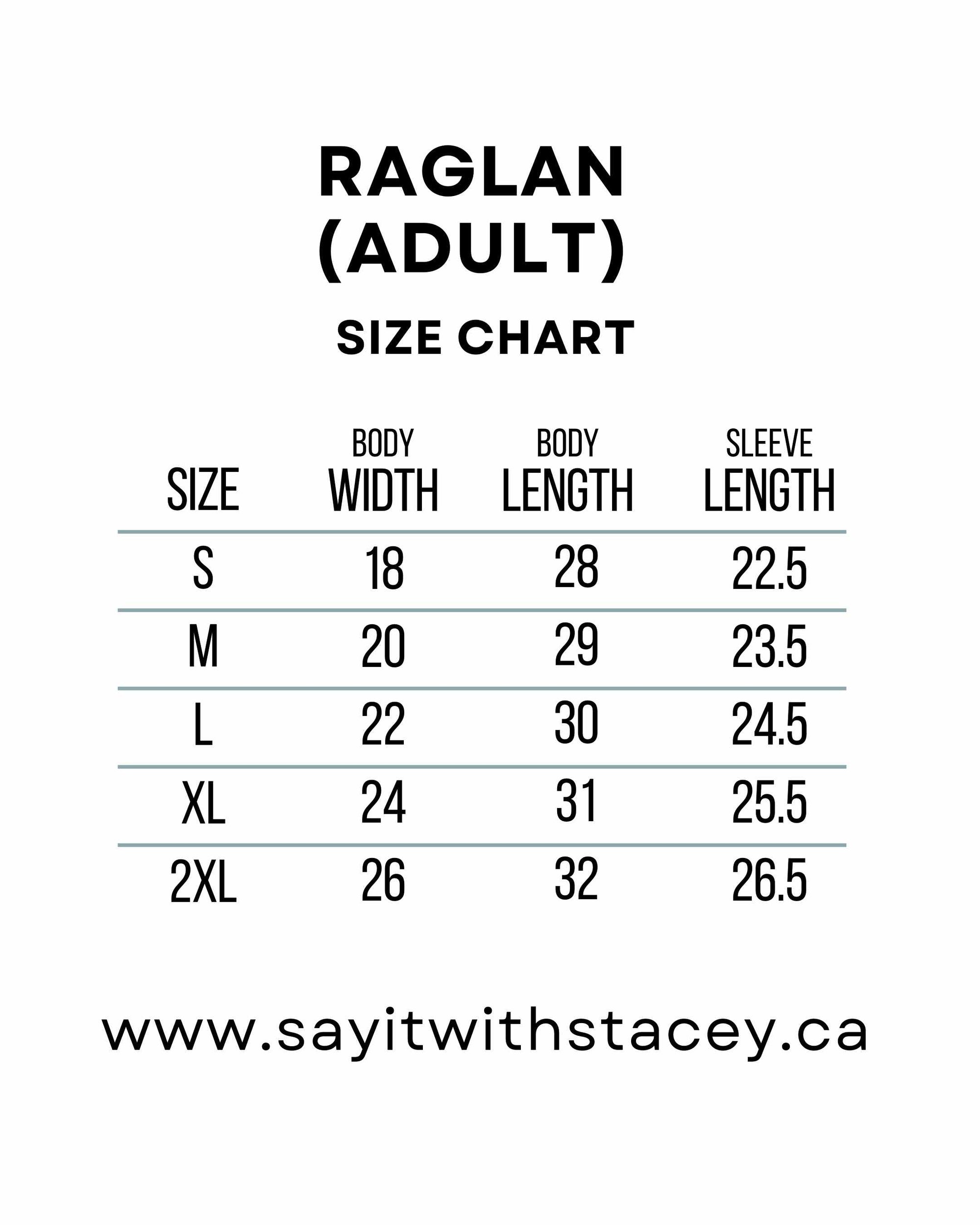 Raglan Size Chart Adult