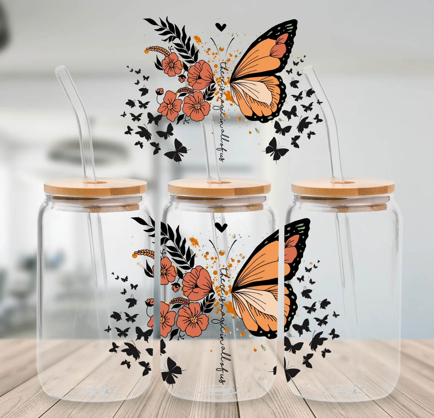 Monarch Butterfly Glass Coffee Mug, Butterfly Mason Jar Cup