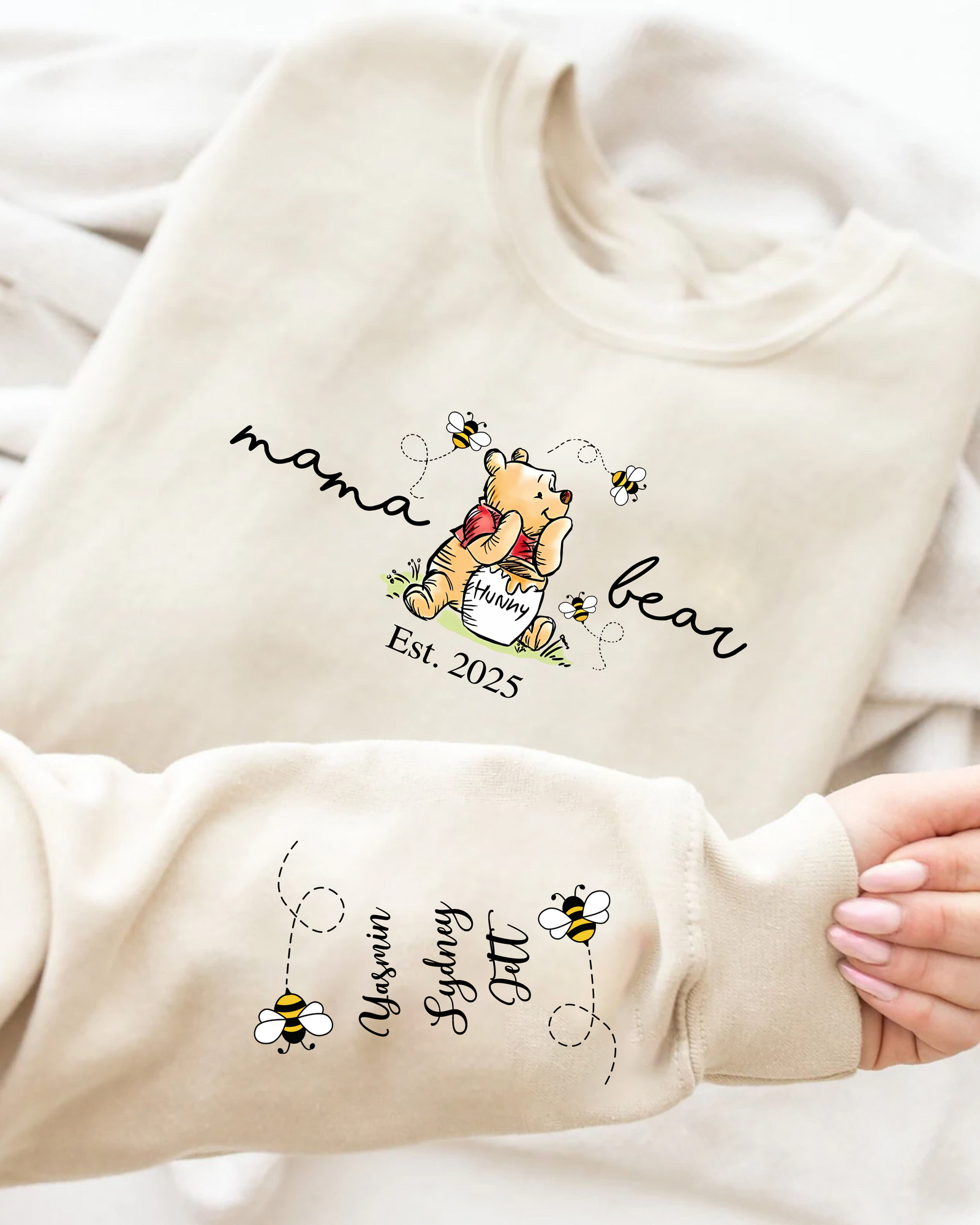 Mama Bear Winnie the Pooh Crew Neck Sweater - with Kids’ Names & Winnie the Pooh & Bees Design