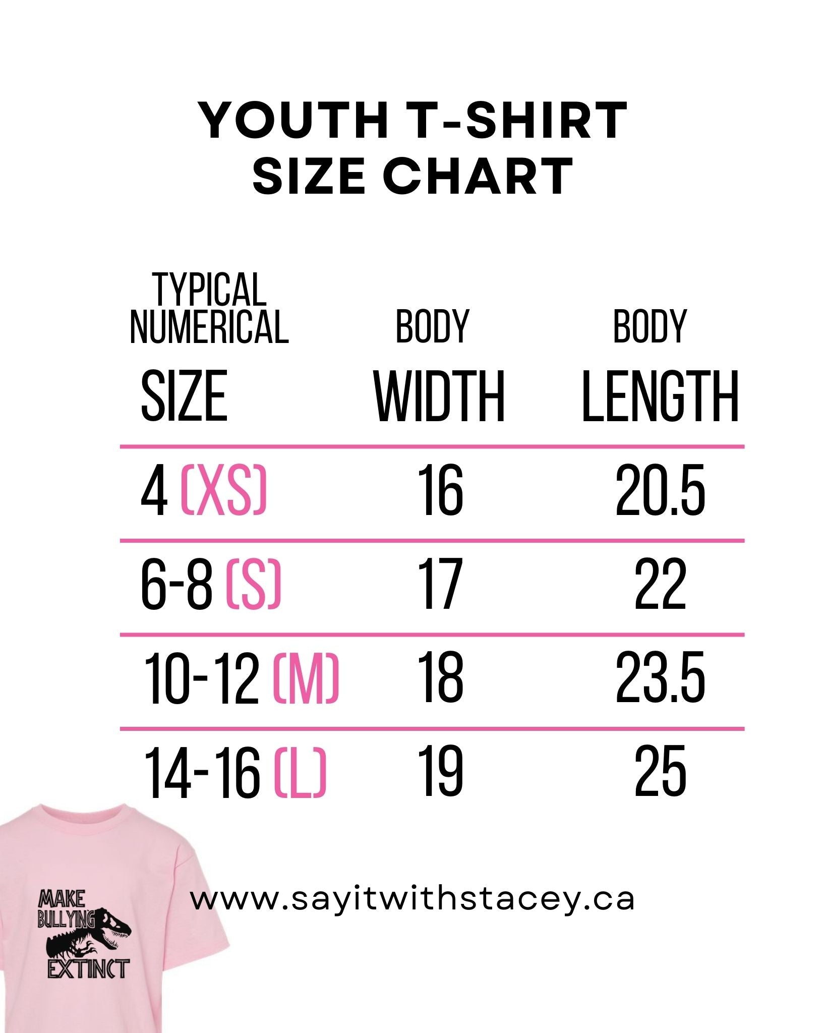 Youth Pink Shirt Size Chart 