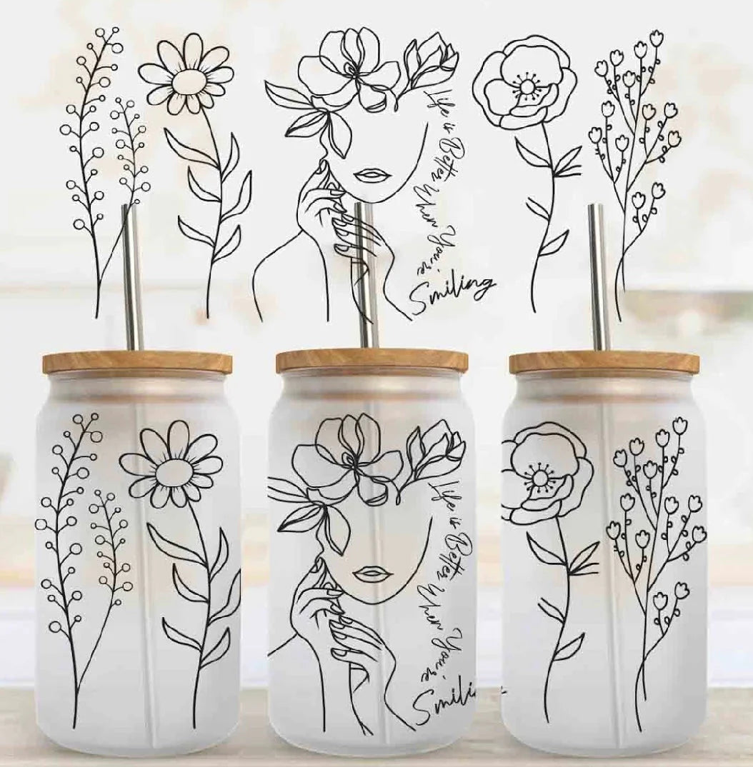 Floral Woman glass tumbler with bamboo lid.