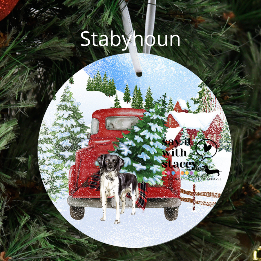 Dogs in Red Truck Christmas Ornament Say it with Stacey