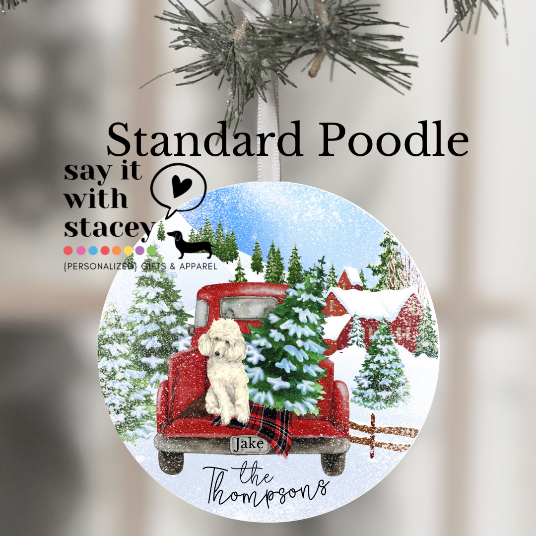 Dogs in Red Truck Christmas Ornament