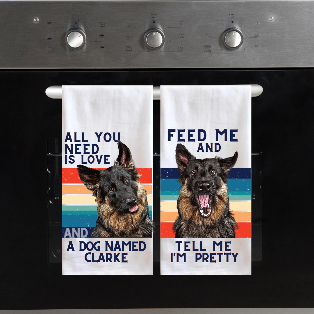 Illustrated Dog Themed Tea Towel - Feed Me and Tell Me I am Pretty