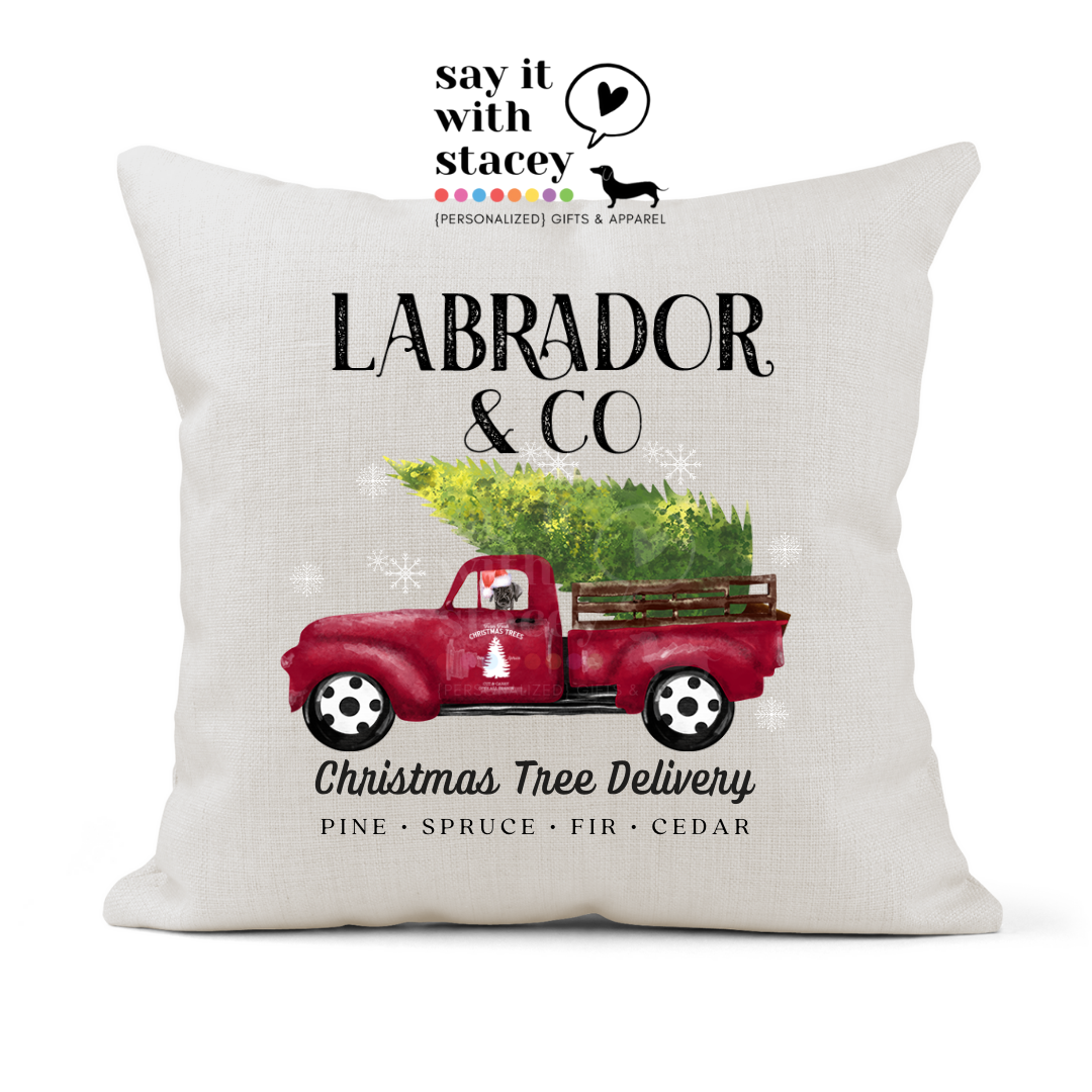 Dogs in Red Truck Christmas Pillow Cover (use breed or family last name ❤️🙌🏻🐶)