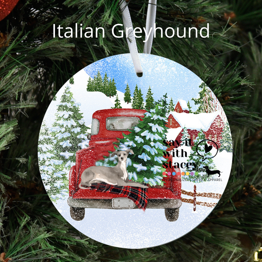 Dogs in Red Truck Christmas Ornament