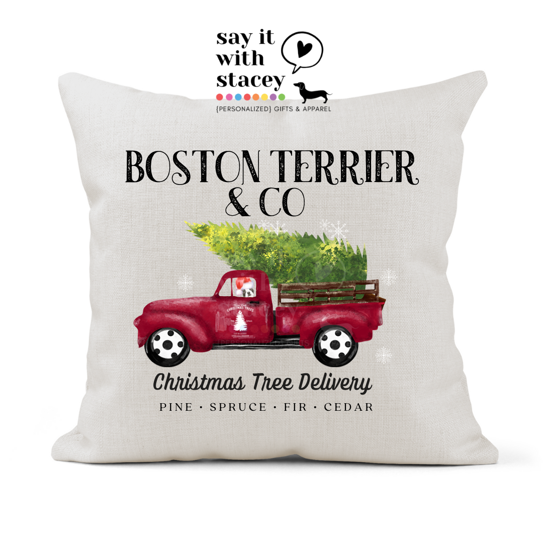Dogs in Red Truck Christmas Pillow Cover (use breed or family last name ❤️🙌🏻🐶)