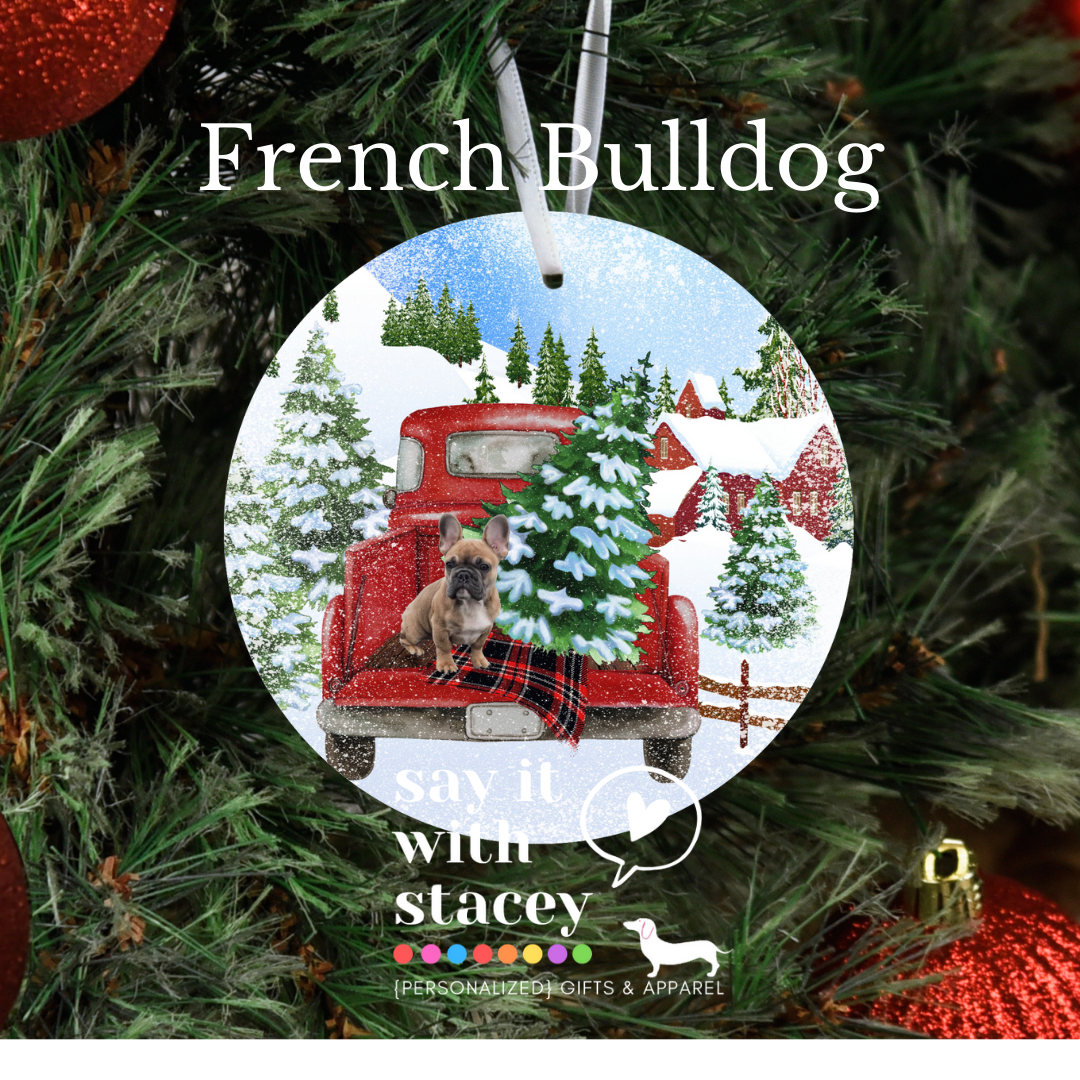 Dogs in Red Truck Christmas Ornament