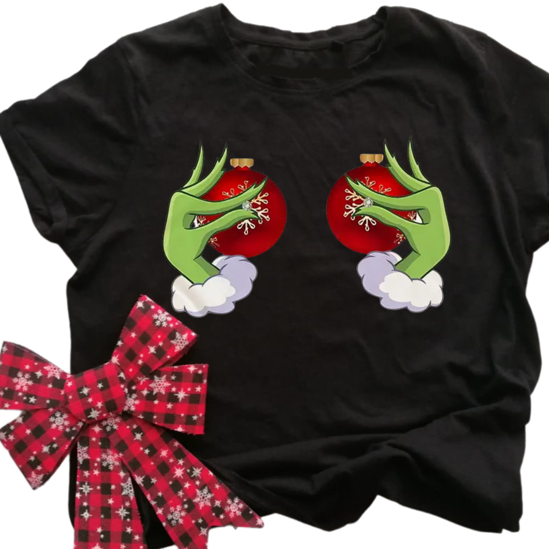Naughty Grinch squeezing Christmas Bobbles