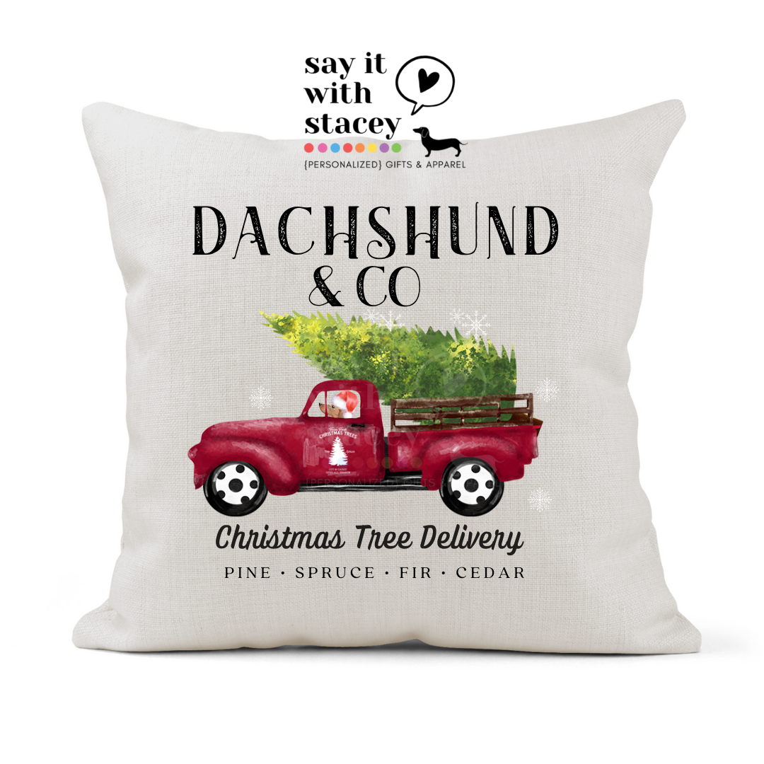 Dogs in Red Truck Christmas Pillow Cover (use breed or family last name ❤️🙌🏻🐶)