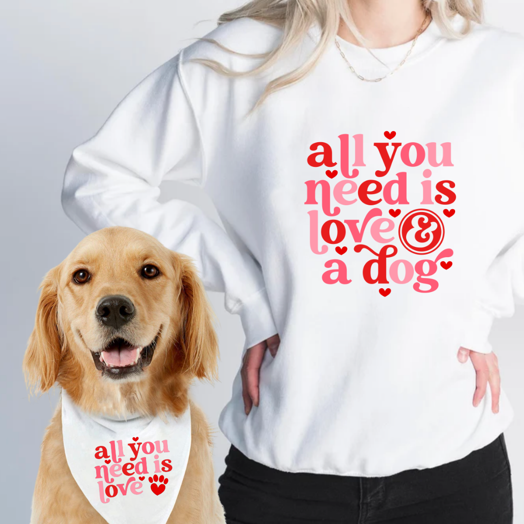 All you need is love and a dog say it with stacey sweater and dog bandana 