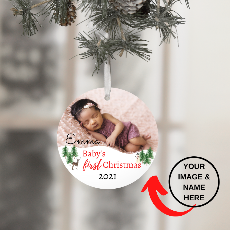 A personalized circular aluminum ornament with a photo and text, hanging from a Christmas tree.
