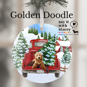 Dogs in Red Truck Christmas Ornament