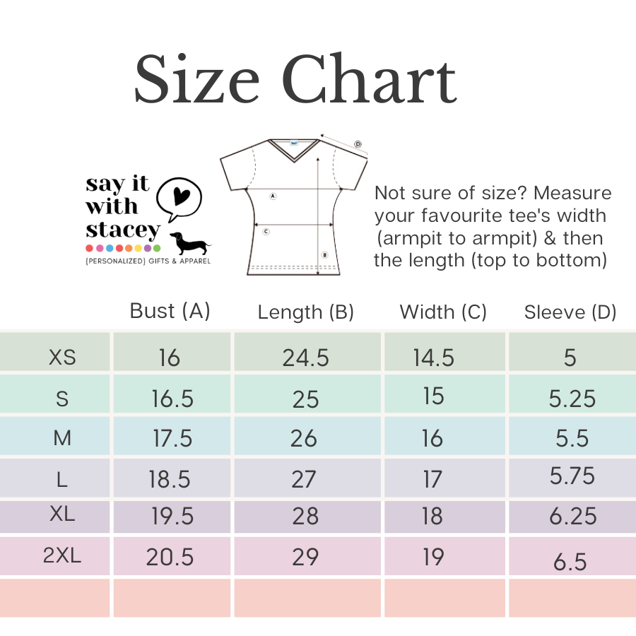 Say it with Stacey tshirt size chart M&O