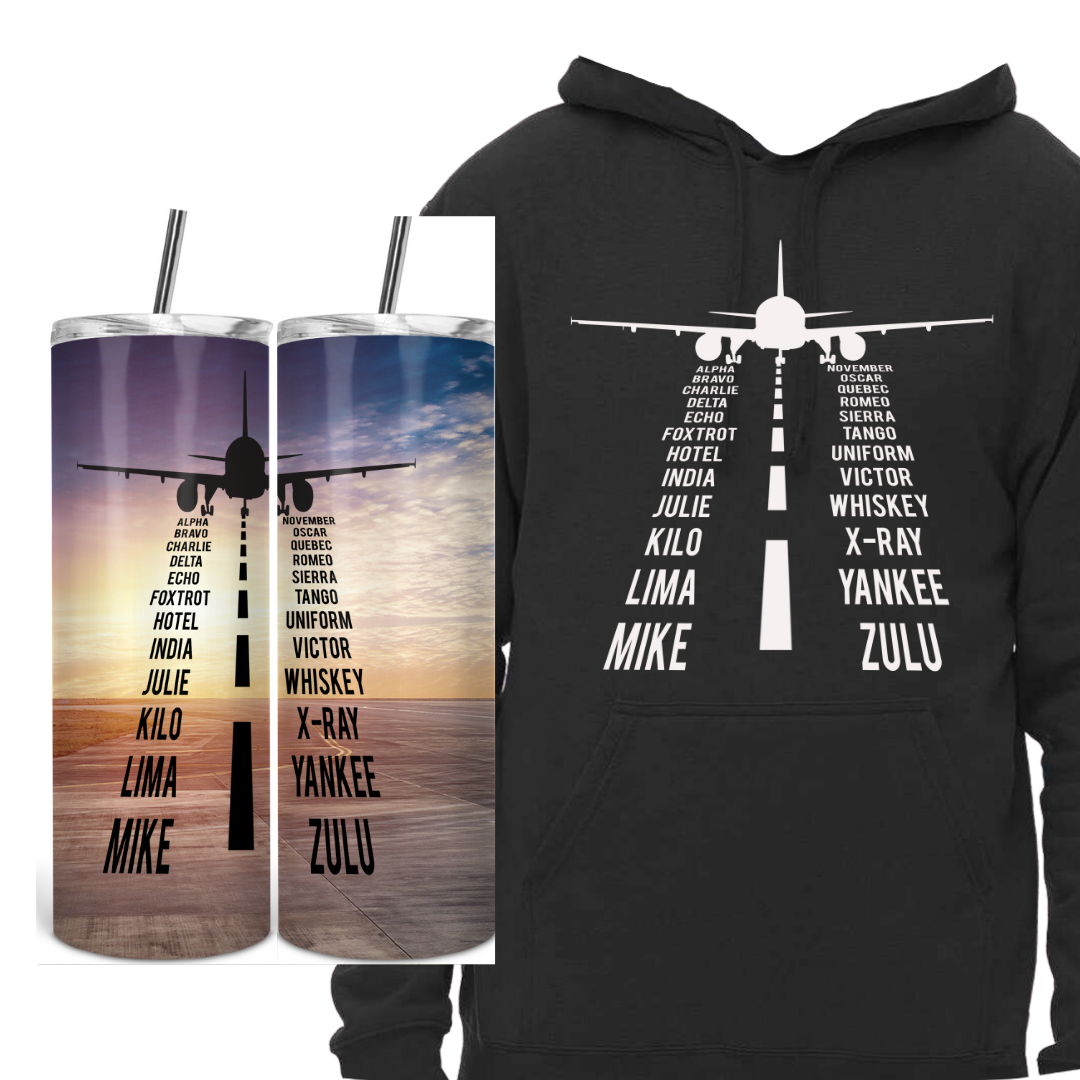 Phonetic Alphabet Aviation Tumbler, 20oz + Hoodie