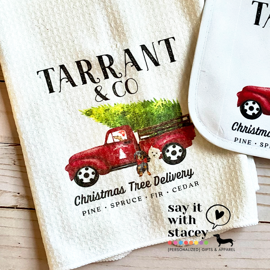 Dogs in Red Truck Christmas Waffle Tea Towels (use breed or family last name ❤️🙌🏻🐶)